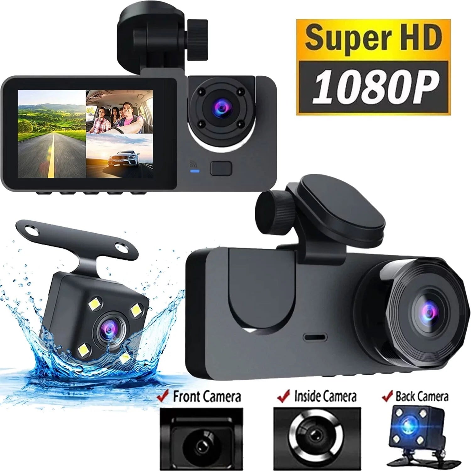 Dash Cam for Car, 1080P 3 Channel Front & Rear inside Dash Camera, Super Night Vision, Parking Monitor, Loop Recording, with 32GB SD Card